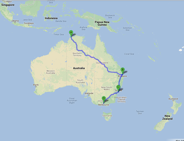 Darwin NT-Australia-to-Melbourne-Australia-GoogleMaps